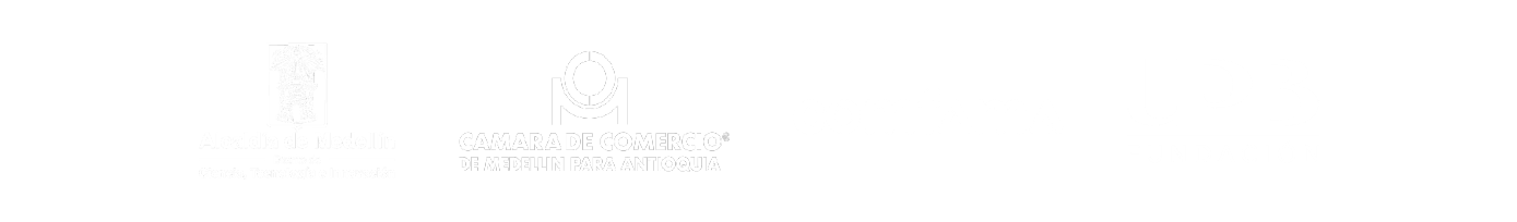 Logos en blanco de la Alcaldía de Medellín, Cámara de Comercio, Comfama, que son aliados de Escuela de Verano 2026