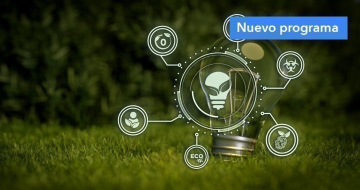 Bombilla sobre césped con íconos digitales de sostenibilidad y tecnología ecológica