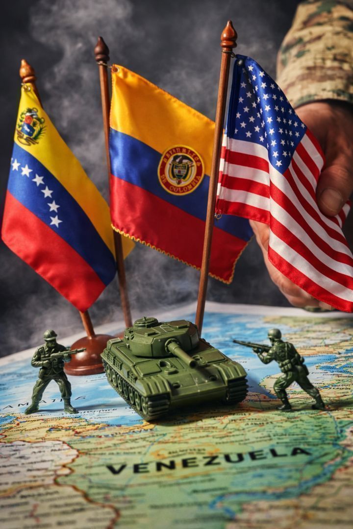 Imagen conceptual que muestra un mapa de Venezuela acompañado de elementos simbólicos de tensión internacional, representando un escenario de conflicto entre Estados Unidos y Venezuela.